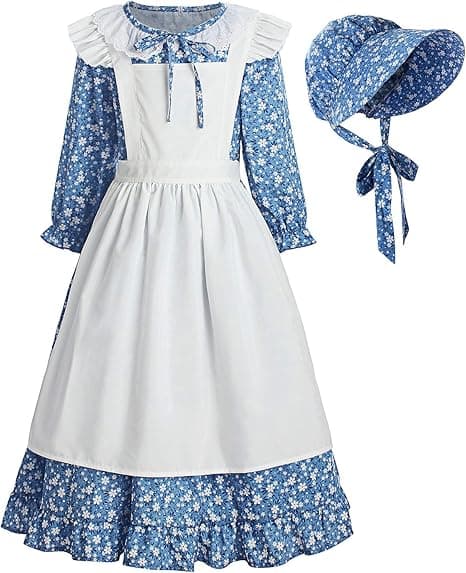 ReliBeauty Pioneer Girl Dress Colonial Prairie Costume Blue