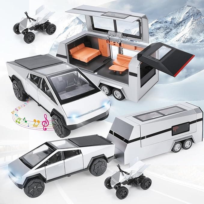 1/32 Metal Truck and Trailer Toy, Cool Die-cast Pickup Truck with RV & Motorcycle Model Car with Sounds Light, Pull-Back Car Model Toys for Kids Boys Fans, Ideal Surprise Gifts for Boys