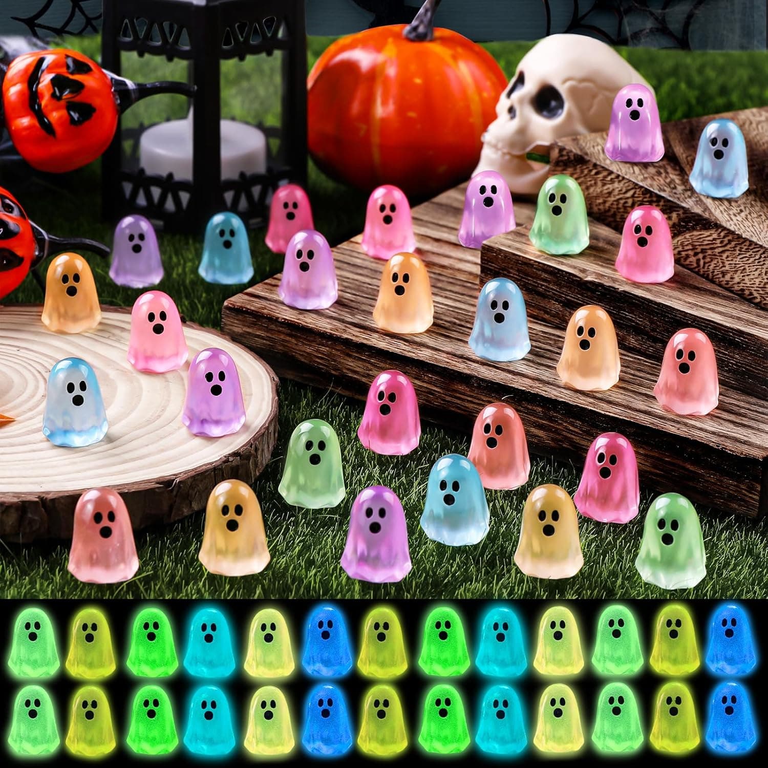 100pcs Halloween Mini Ghosts Figures, Luminous Small Little Resin Ghost Figurines to Hide Glow in The Dark Tiny Statue for Halloween Party Favors Dollhouse Decorations Toys