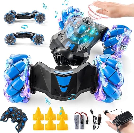 1:10 Gesture Sensing RC Stunt Car 360° Rotating Double Sided Hand Control RC Car 4WD 2.4 GHz Remote Control Car with Lights Music Spray, Toy RC Cars for 6-12 Boys Birthday Presents (Blue)