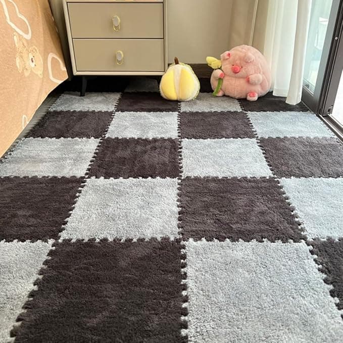 12Pcs Interlocking Carpet Tiles,12"x 12" Plush Interlocking Foam Carpet Tiles with Border,Fluffy Play Mat Floor Tiles Thick Padded Squares Foam Tiles for Playroom Decor (Grey+Black)