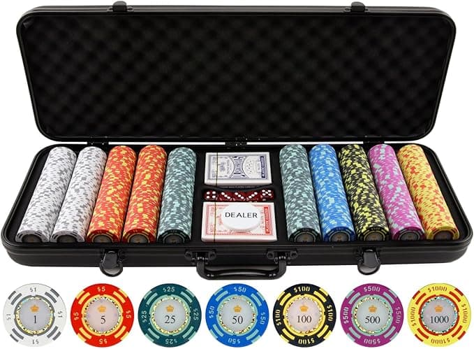 13.5 Gram Poker Chips - Clay Poker Chips Set - 500 Piece Crown Casino Poker Set with Numbers Denomination - New Upgraded Poker Case