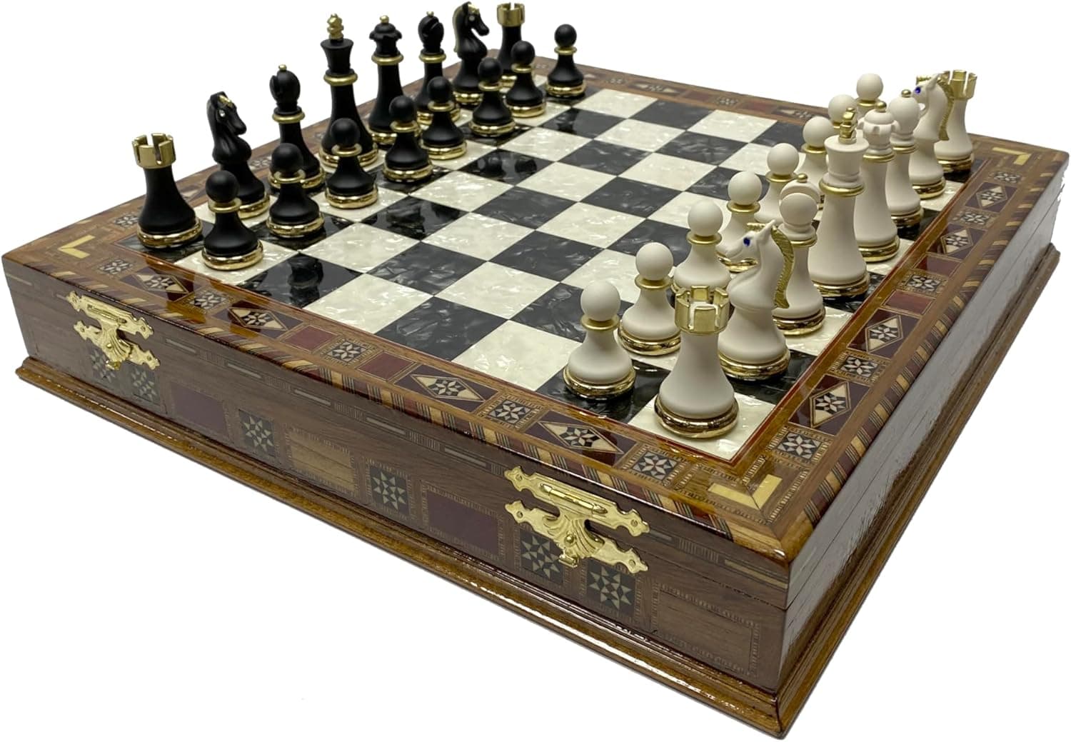 16.5 Inches Large Chess Set for Adults - Luxury Chess Pieces with 2 Extra Queens and Wooden Chess Board with Mosaic Details (Black)