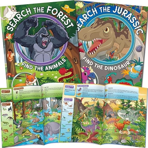 2 Pack Search and Find Book for Kids Ages 3-5,4-8. Seek and Find The Animals in Jurassic and Forest, Find Puzzles and Learn about Animal Knowledge, Educational Games for Kids