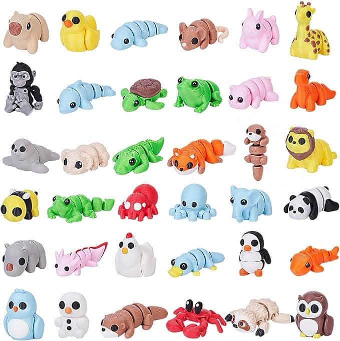 36 PCS Mini 3D Printed Animals Figurines Set, Adorable Articulated Flexible Desk Pets for Kids, Wild, Zoo & Sea Creatures, Classroom Rewards, Carnival Prizes, Desk Decor