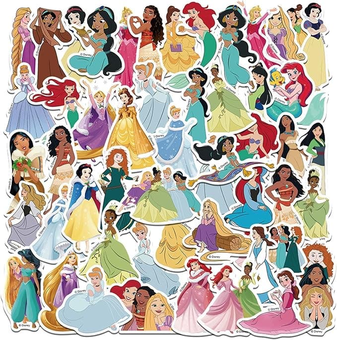 52pcs Disney Princess Stickers for Kids,Vinyl Waterproof Princess Decal for Water Bottle Laptop Toy Sticker for DIY Decorate Bumper Phone Hard Hat Kids Teens Gifts