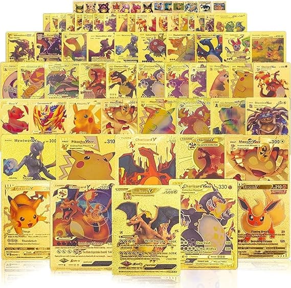 55 PCS Gold Cards Packs Vmax V EX GX Rare Golden Cards TCG Deck Box Gold Foil Card for Fans/Kids/Collectors Gifts (No Duplicates)