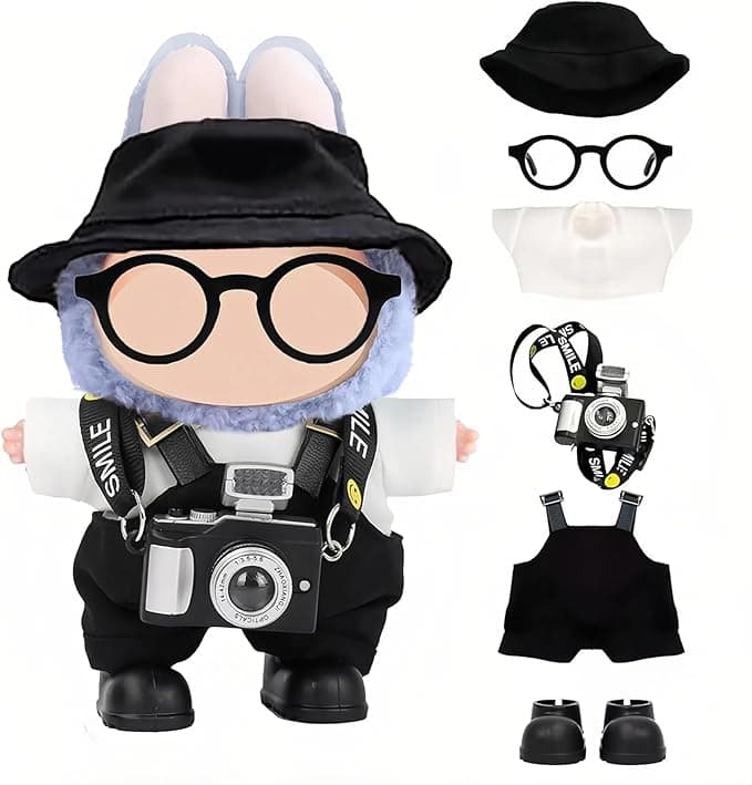 6pcs Handcrafted 17cm Doll Clothes Set, Cute and Premium Dolls Outfit Accessories with Hat + Overalls + Shirt + Camera + Glasses + Shoes (Black)