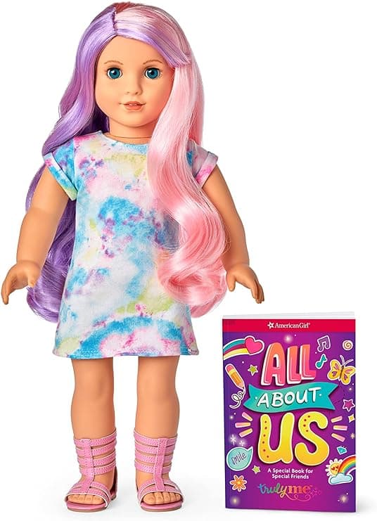 American Girl Truly Me 18-inch Doll with Blue Eyes, Purple-and-Pink Hair, Light Skin, Tie Dye T-shirt Dress, For Ages 6+
