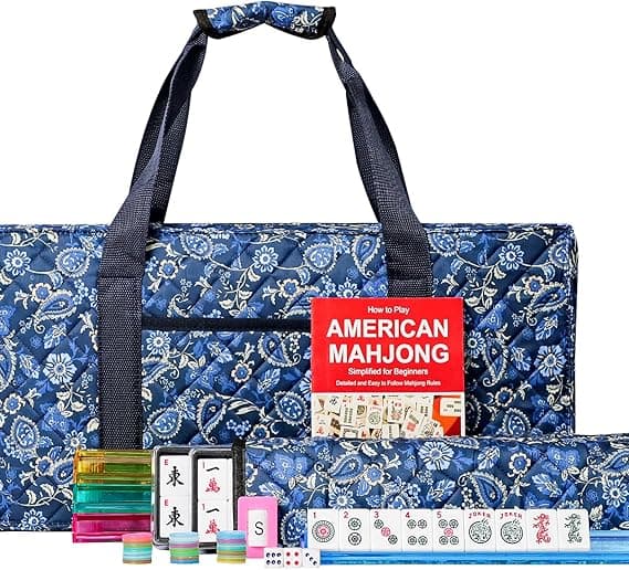 American Mahjong Set with Blue Carrying Bag, 166 White Tiles, 4 All-in-One Rack/Pushers, Mahjong Tiles Set (Ma Jong, Mah-Jongg, Majiang)