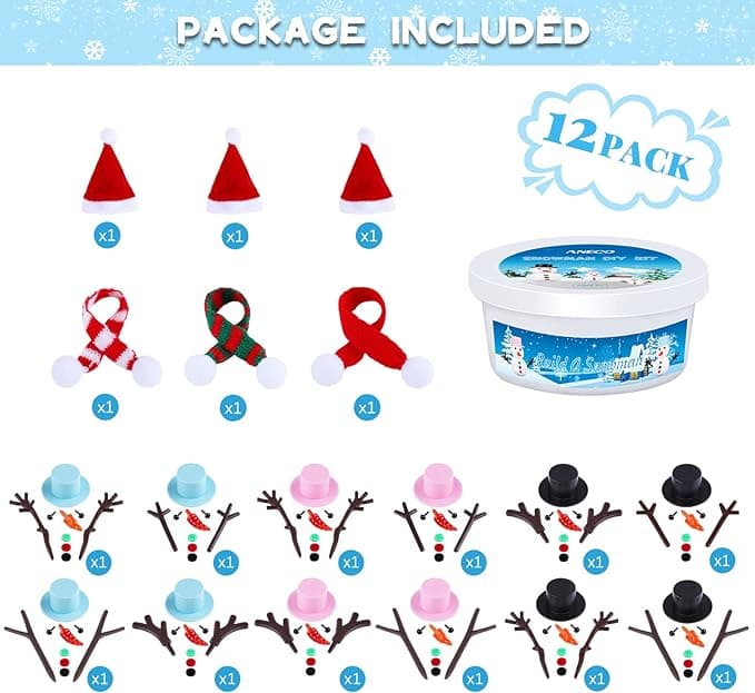 Aneco 12 Pack Christmas Snowman DIY Craft Build Snowman Craft Kit Christmas Decoration Air Dry Modeling Clay Winter Gift Game for Holiday Party Home Decor