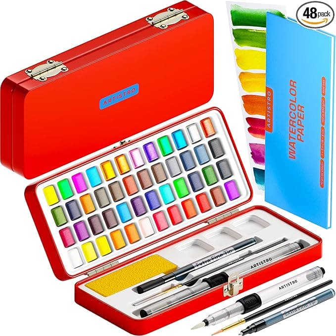 ARTISTRO Watercolor Paint Set 48 Vivid Colors + Metallic and Neon Colors, Travel Watercolor Set in Portable Box, Water Color Paint Sets for Kids, Water Colors Paint Adult Set for Beginners, Amateurs