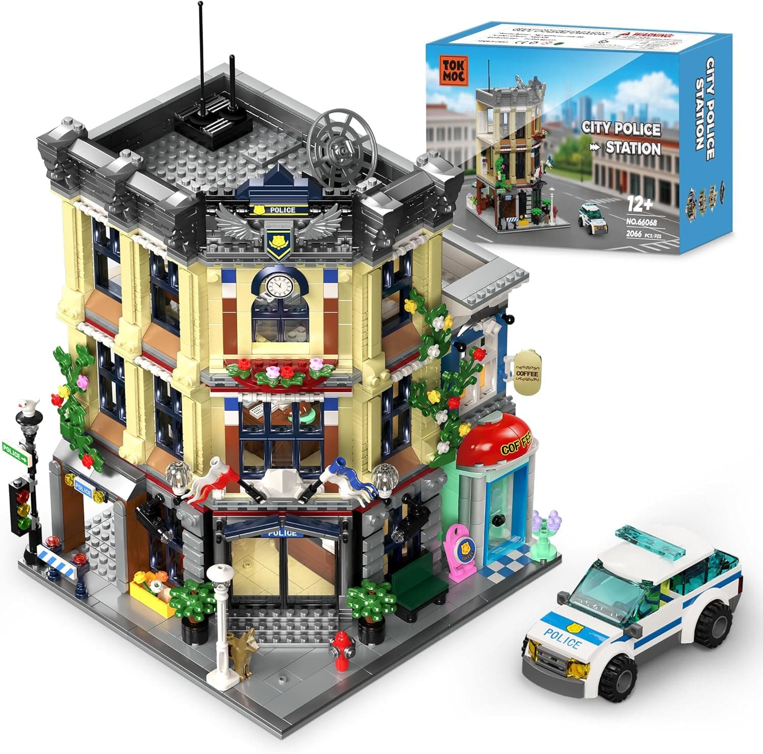 AsmrCap City Police Station Building Set for Boys, Police Station Toy with Police Car, Four-Floor Police Station with Office, Interrogation Room, Rooftop Radar, Coffee Shop, 2066PCS