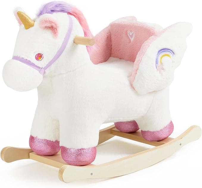 Baby Rocking Horse,Unicorn Wooden Rocking Horse for Toddlers 1 Year Old Cute Pink Stuffed Plush Ride-on Rocking Animal for Baby Girls Nursery/Child Christmas or Birthday Gift