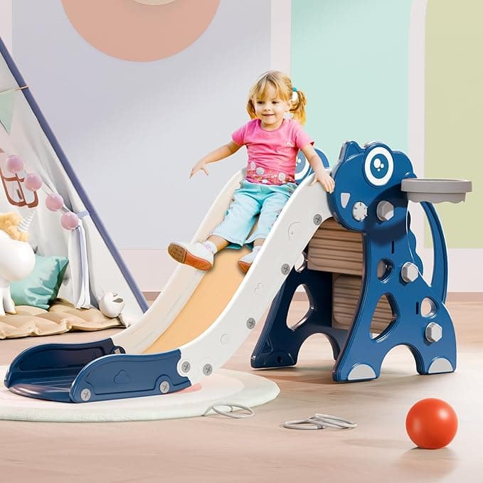 Babytronic Toddler Slide, Kids Indoor Outdoor Slide, Baby Slide Playset with Basketball Hoop & Ring Toss, Foldable Baby Plastic Slide, Outdoor Playground Climber Slide for Kids Age 1-3 (Blue&Yellow)