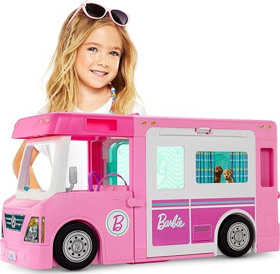 Barbie Camper, Doll Playset with 50 Accessories, Transforms into Truck, Boat & House, Includes Pool, 3-in-1 Dream Camper