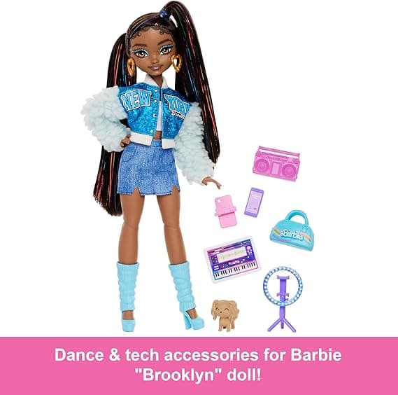 Barbie Dream Besties Doll and Accessories, Brooklyn” Posable Fashion Doll with Long Black Hair, 9 Music Themed Pieces
