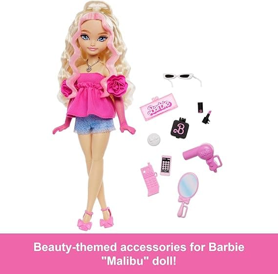 Barbie Dream Besties Doll and Accessories, Malibu” Posable Fashion Doll with Wavy Blonde Hair, 11 Makeup and Hair Themed Pieces