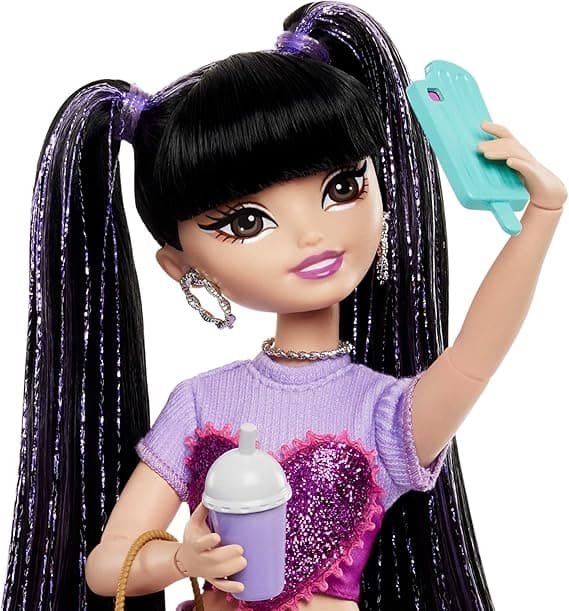 Barbie Dream Besties Doll and Accessories, Renee Posable Fashion Doll with Long Black Hair, 11 Video and Food Pieces