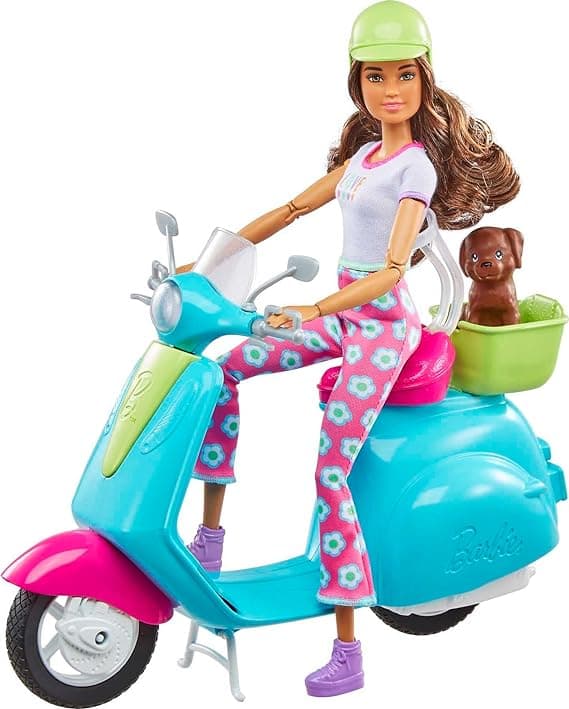 Barbie Fashionistas Doll and Scooter, Travel Playset with Stickers, Pet Puppy and Themed Accessories Like Map and Camera