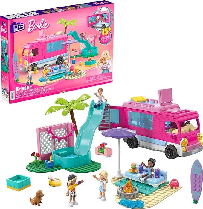 Barbie MEGA Car Building Toys Playset, Dream Camper Adventure With 580 Pieces, 4 Micro-Dolls and Accessories, Pink, For Kids Age 6+ Years