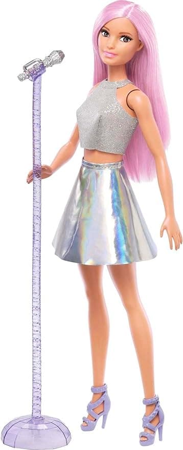 Barbie Pop Star Doll Dressed In Iridescent Skirt with Microphone and Pink Hair, For 3 to 7 Year Olds