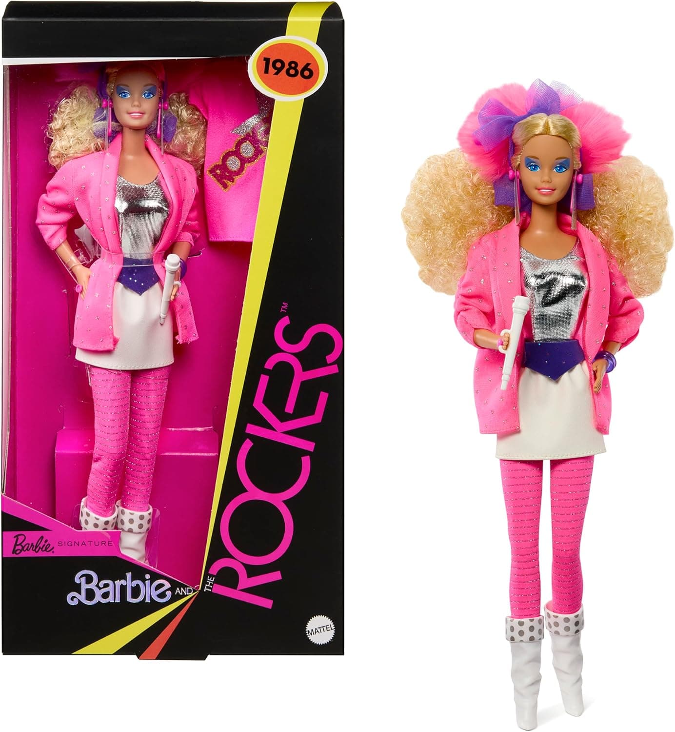 Barbie Signature Doll, and the Rockers Collectible Repro Doll, 40th Anniversary of 1986 Line, Doll Stand and Displayable Packaging