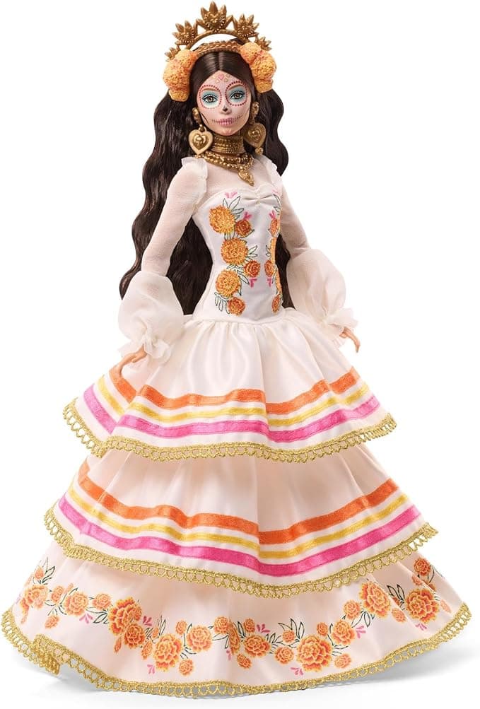 Barbie Signature Doll, Día De Muertos 2025 Collectible in Ruffled Cream Gown Trimmed with Marigolds and Ribbon, Flower Crown and Calavera Face Paint