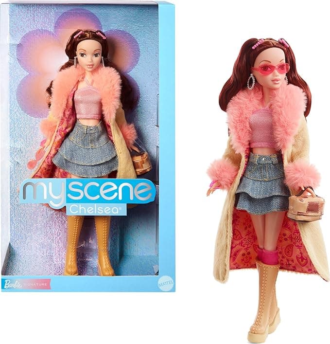 Barbie Signature My Scene Doll & Accessories, Chelsea in Y2K-Inspired Outfit with Butterfly Top, Cargo Jeans, Denim Bag & Display Stand