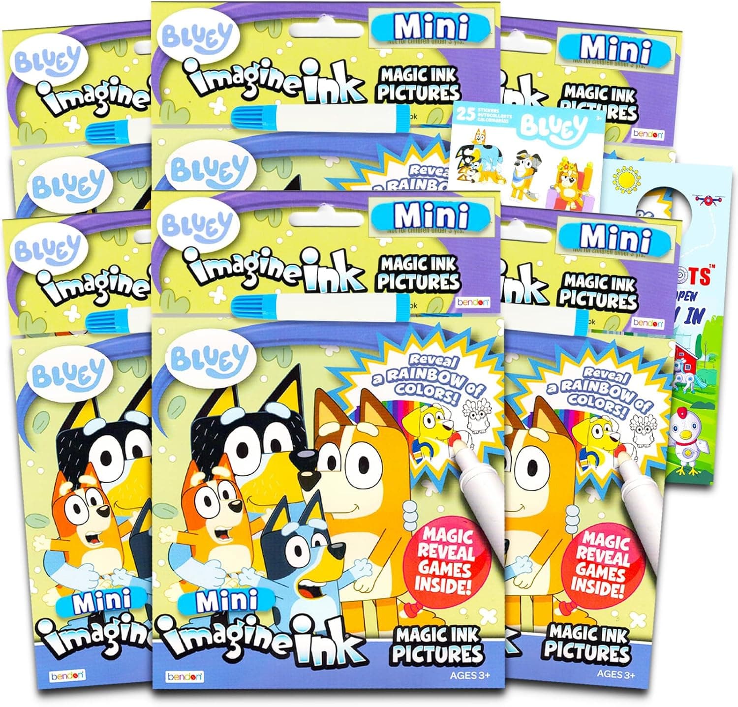 Bendon Bluey Imagine Ink Coloring Book Set for Kids - 6 Pack No-Mess Magic Ink Coloring Books featuring Bluey with Stickers and Door Hanger | Bluey Party Favors Bundle