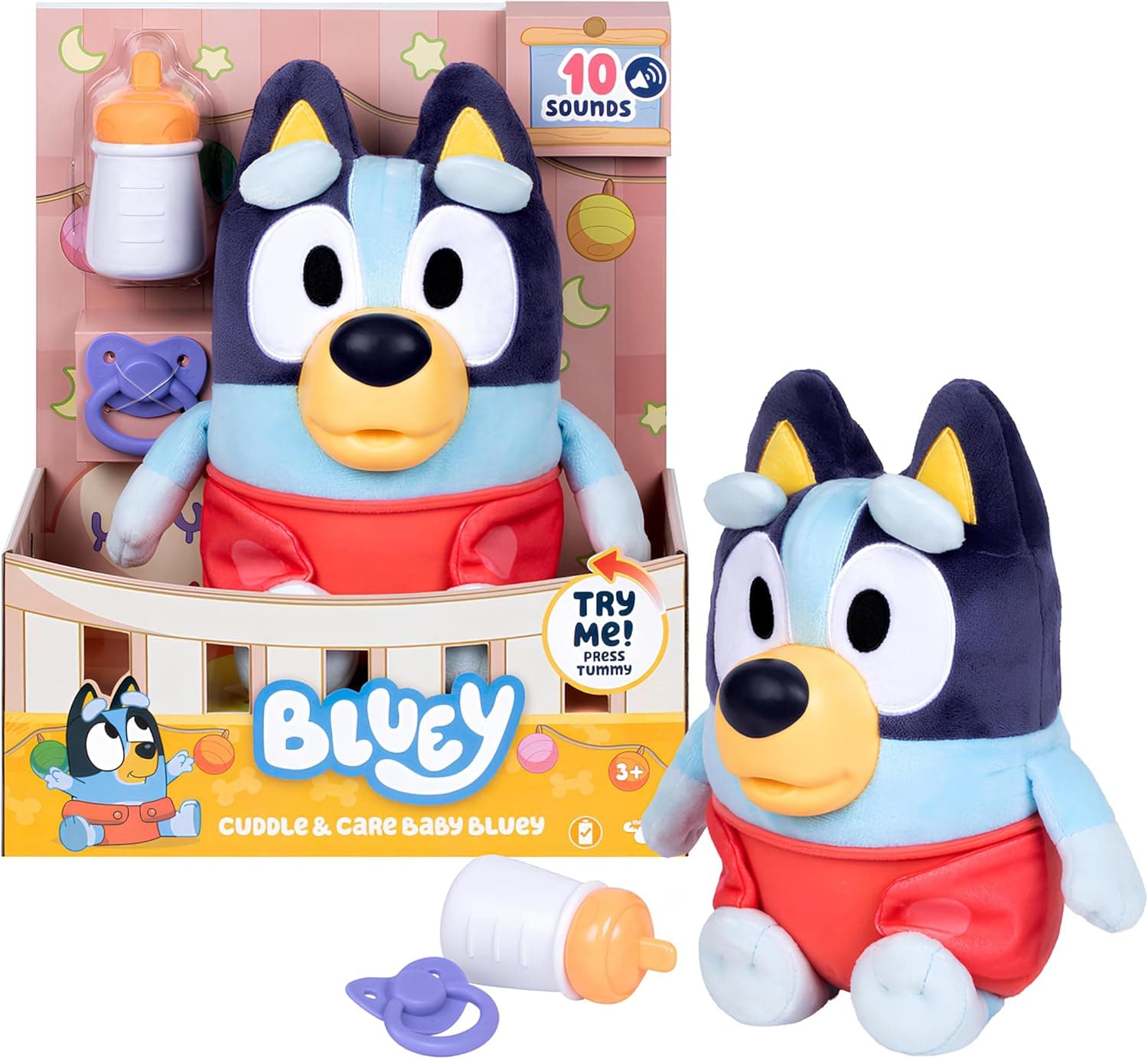Bluey Care and Cuddle Soft Baby Toy Plush, 11”, Interactive Electronic Baby Plush Toy with 10 Different Sounds, Cuddly Soft Toys for Ages 3+