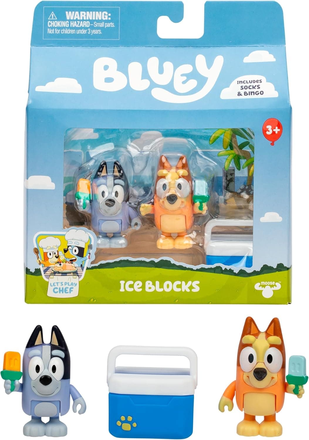 Bluey Let's Play Chef 2-Pack Toy Figure Playset, Ice Blocks Bingo and Socks Toddler Figurine Toys Set, Poseable Figurines for Kids Ages 3-5