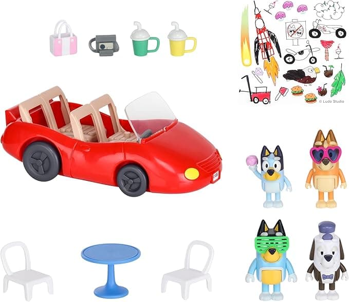 Bluey Vehicle and 4 Figure Pack, Escape Convertible with Four 2.5 Inch Figures, 9 Accessories and Sticker Sheet