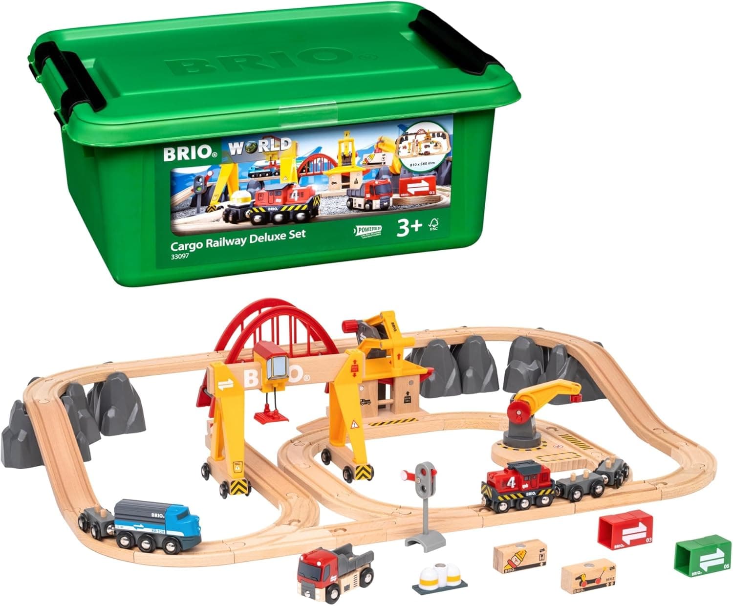 BRIO World Cargo Railway Deluxe - Wooden Track Train Set - Battery-Powered Engine, BRIO Train Tracks and Accessories - Ages 3+ - Compatible with All BRIO Sets - 54-Pieces