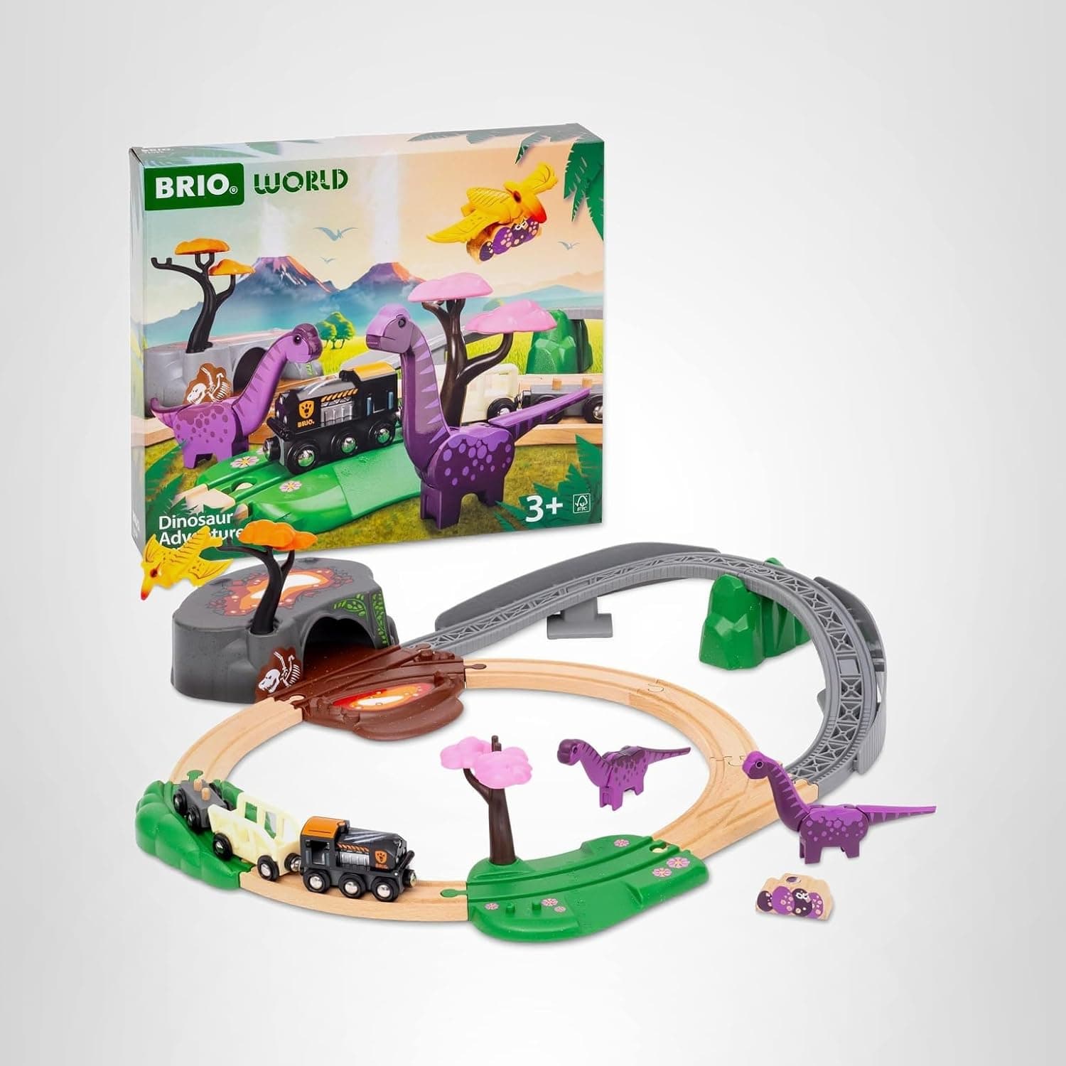 BRIO World Dinosaur Adventure Set - 21-Piece FSC-Certified - Wood Train Set & Accessories - Works with All BRIO Railway Sets - Dinosaur Train Engine, 2 Wagons, Dinosaurs, Tracks & More - Ages 3+