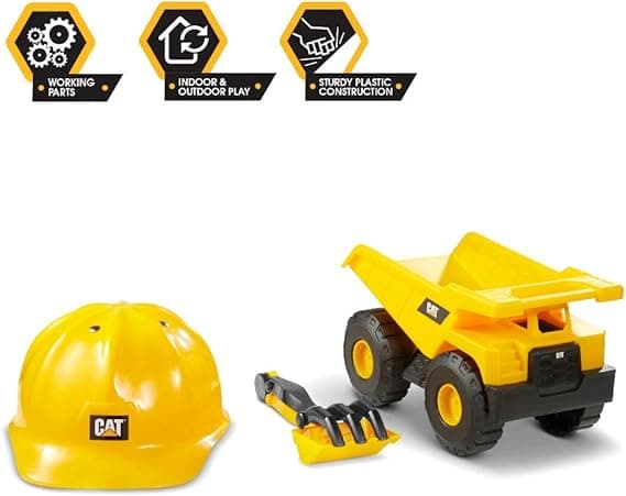 CAT Construction Toys, Dump Truck Set with CAT Hard Hat and Sand Tools, Outdoor Toys for Kids Ages 3+