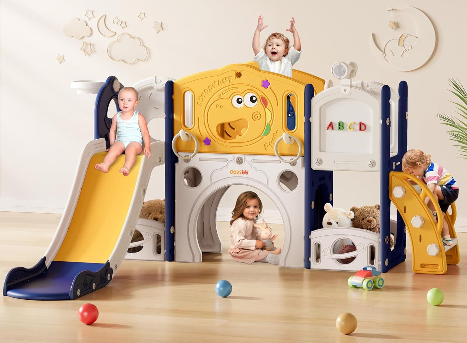 CoziBB 9 in 1 Toddler Slide, Toddler Playset New Upgrade with Slide, Drawing Board, Basketball Hoop, Telescope and Storage Space, Outdoor Indoor Playground for Toddlers (Yellow Blue)