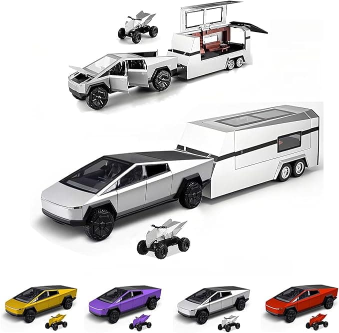 Cyber Truck Toy Alloy Die-cast Truck Model with RV Motorcycle ATV Race Car Model 1/32 Metal Vehicle 3-in-1 Camping Car Set Gift for Kids Age for 6 Year Old and Up