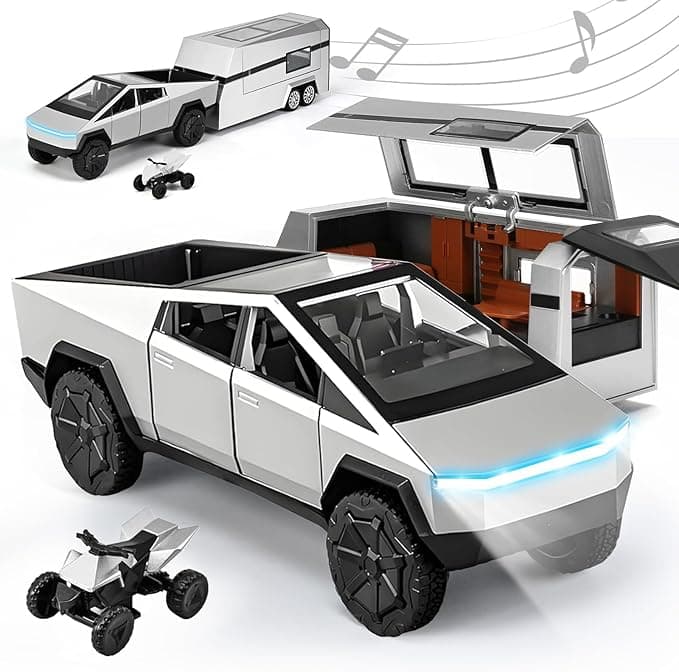 Cybertruck Toy with RV & Motorcycle, 3-in-1 Alloy Diecast Pull-Back Cyber Truck Car Toys, Pickup Truck Trailer with Sound and Light, Ideal Gift for Boys Kids Age for 3 Year and Up