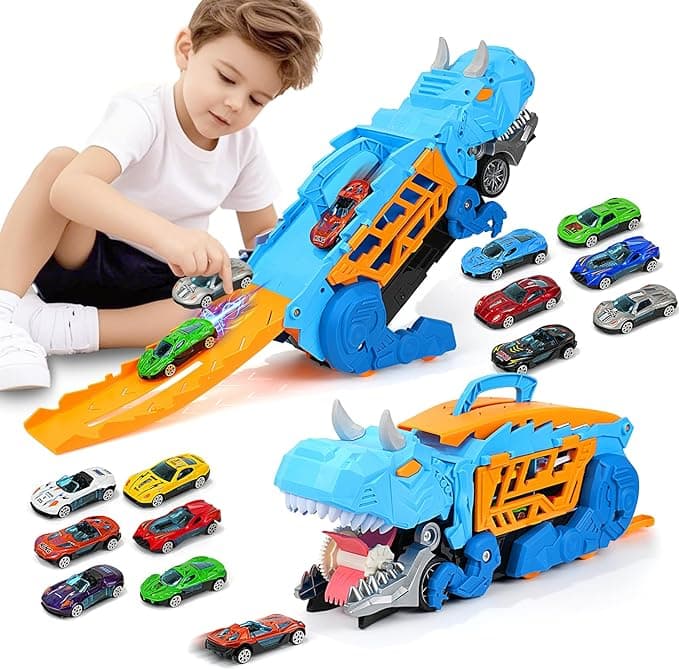 Dinosaur Toys for Kids 3-5, Toys Cars Track Set Dinosaur Transporter Truck with 12 Die-Cast Car Toys, Toddler Truck Toys for 3 4 5 6 7 8 Years Old Boys, Transforms into Dino, Gifts Toys for Boys