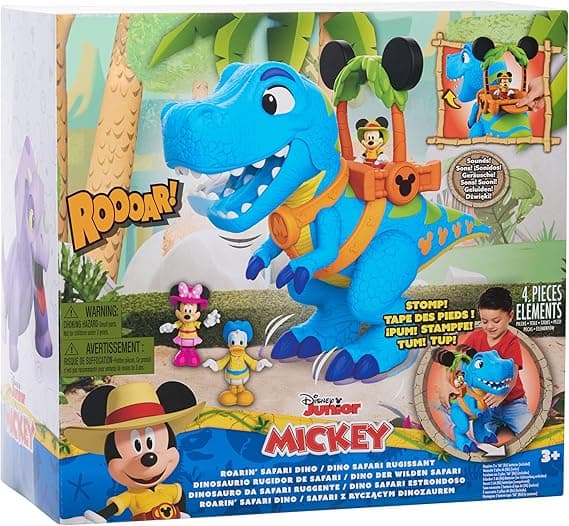 Disney Junior Mickey Mouse Funhouse Roarin' Safari Dino, 4-piece Figures and Playset, Dinosaur