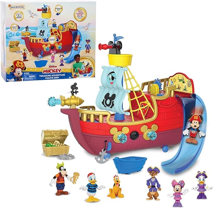 Disney Junior Mickey Mouse Funhouse Treasure Adventure Pirate Ship with Bonus Figures, 18-Piece Toy Figures and Playset, Kids Toys for Ages 3 Up