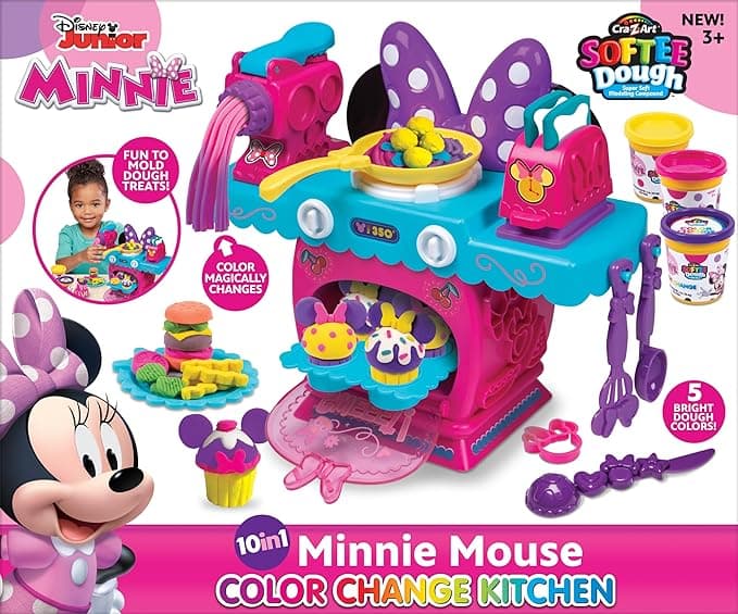 Disney Junior Minnie Mouse Color Change Kitchen by Softee Dough, 10 in 1 Activities Perfect for Ages 3 and Up