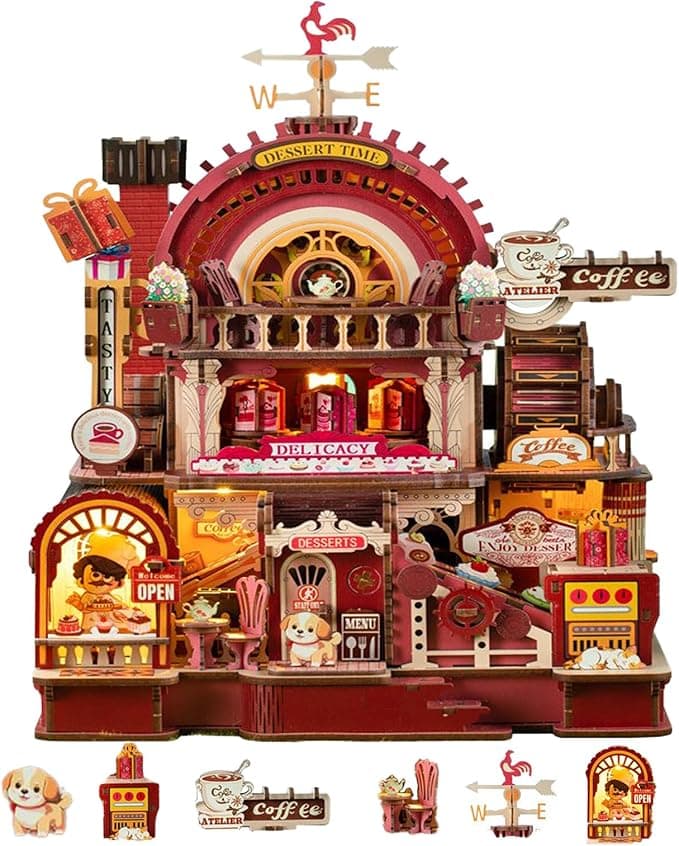 DIY Miniature House Kit - 3D Wooden Puzzle Dollhouse with LED Light & Movable Dessert Workshop, Book Nook Tiny Model Building Kit for Adults, Teens