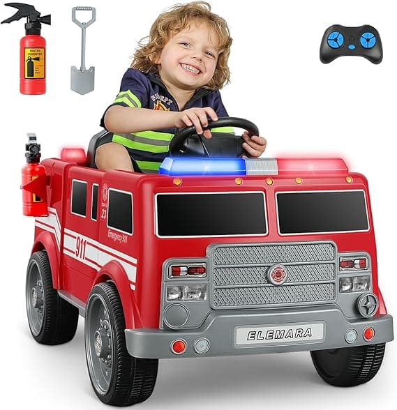 ELEMARA 12V7AH Ride on Fire Truck, Electric Ride on Car for Kids,Battery Powered Toddler Car w/Parent Remote Control,Siren-Call,walkie-talkies, Flashing Lights,Fire Extinguishers, Bluetooth,Music,UBS.