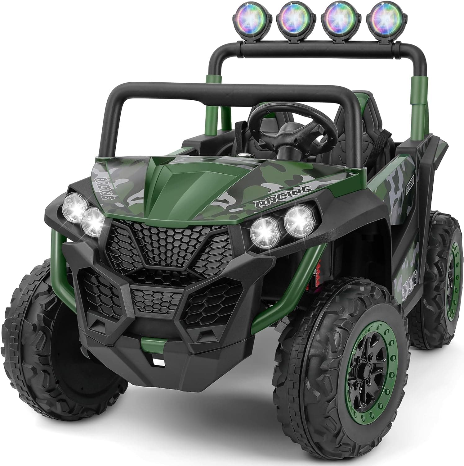 ELEMARA 2 Seater 24V Ride on Toys for Big Kids,XL Ride on Car with Remote Control,Max Capacity 130lbs Battery Powered Kids car,5 Mph Max,4-Wheeler Suspension,Bluetooth,Rainbowlight*4,Camouflage Green
