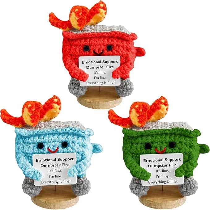 Emotional Support Crochet Dumpster Fire Doll 3-Pack with Stand Positive Card Handmade Dumpster Fire Knitting Toy Ornaments, Desk Decor Gifts for Women, Friends,Birthday Unique Desk Accessories