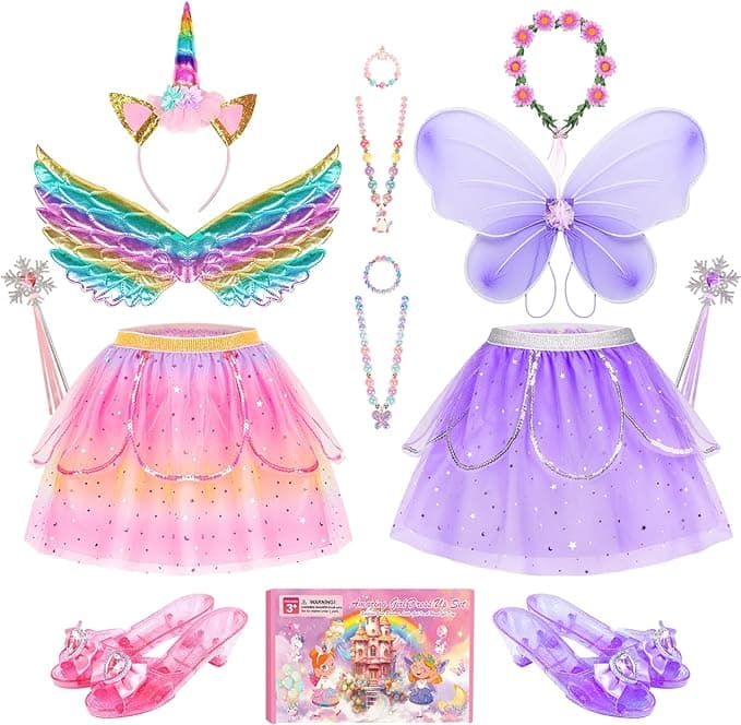 Jeowoqao Kids Princess Dress Up Clothes for Little Girls, Toddler Girls Dress Up Pretend Play Costumes, Girls Dress up Set-Girls Tutu, Butterfly Wings, Princess Shoes Toys Gifts for Girls 3-6