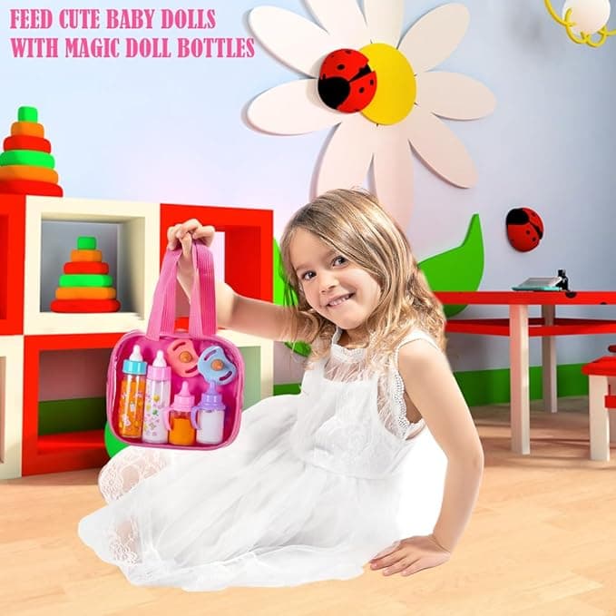 fash n kolor®, My Sweet Baby Disappearing Doll Feeding Set | Baby Care 6 Piece Doll Feeding Set for Toy Stroller | 2 Milk & Juice Bottles with 2 Toy Pacifier for Baby Doll