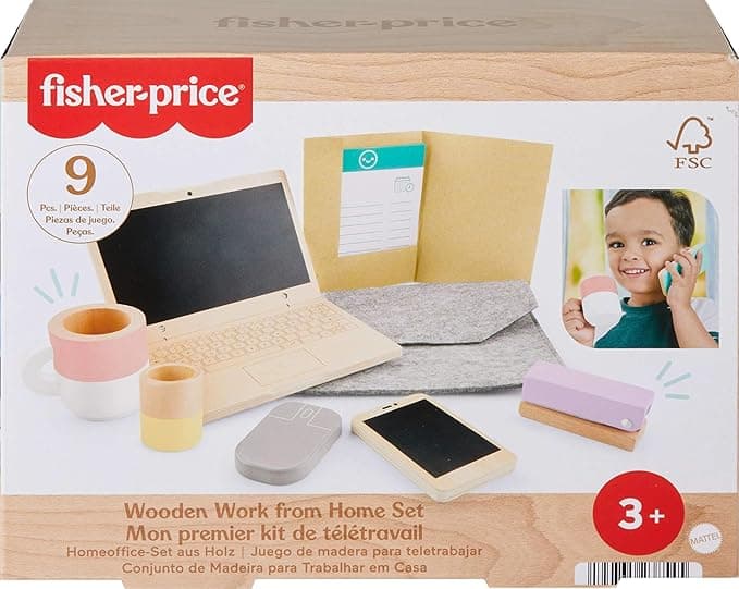 Fisher-Price Wood Pretend Play Work from Home Set, 9-Piece Office Playset with Wooden Toy Laptop & Phone for Preschool Kids Ages 3+ Years